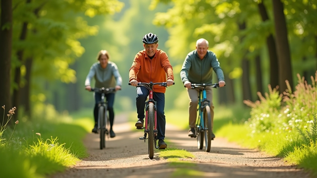 Grupa no piecu senioru ar velosipēdiem brauc meža ceļā viens aiz otra