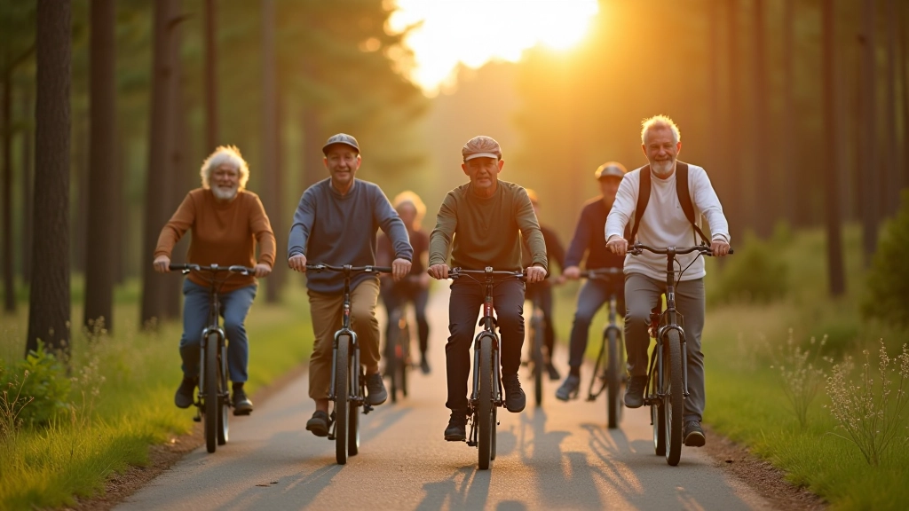 Seniori ar velosipēdiem stāv kopā meža skaliņā pie skaista ieskatavieta