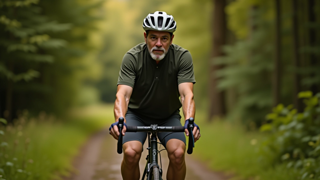 Velobraucējs uz ceļa meža vidū, pieņemot vienmērīgu ritmu, labā apgaismojuma apstākļi