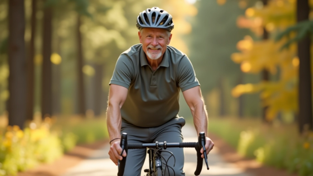 Seniora vīrs braucis ar velo priežu mežā, skaista rudens diena