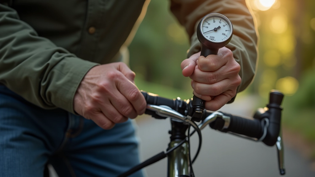 Seniora roka turē spiediena mērītāju pie velo pneimatikes