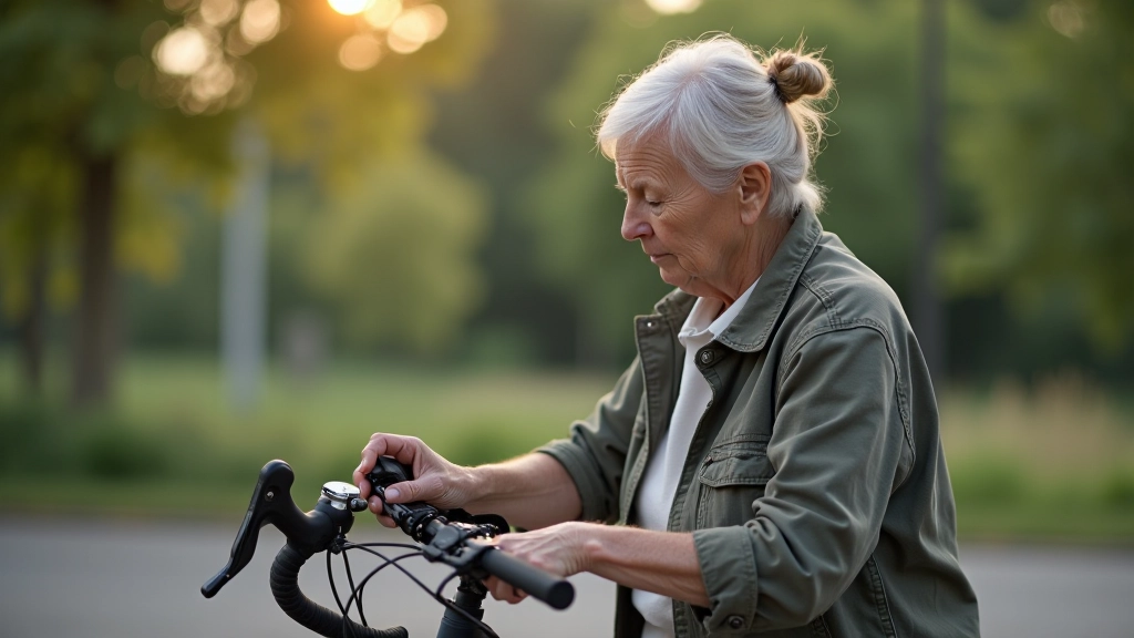 Seniora pirksti spiež velo bremžu rokturus testēšanai
