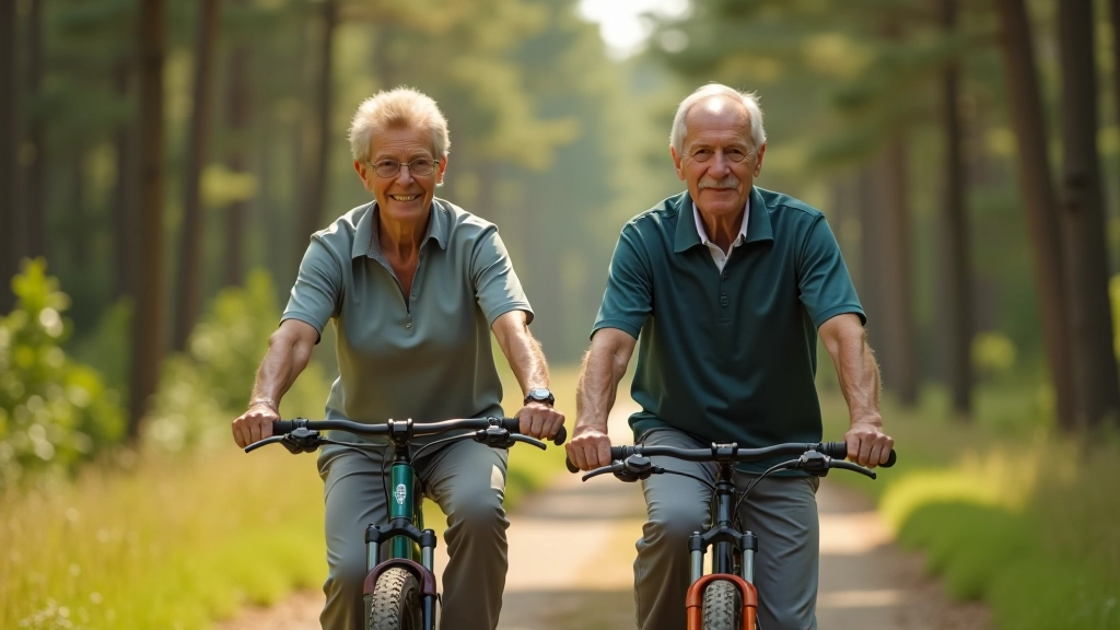 Seniori braucot ar velosipēdiem priežu mežā, skaista diena